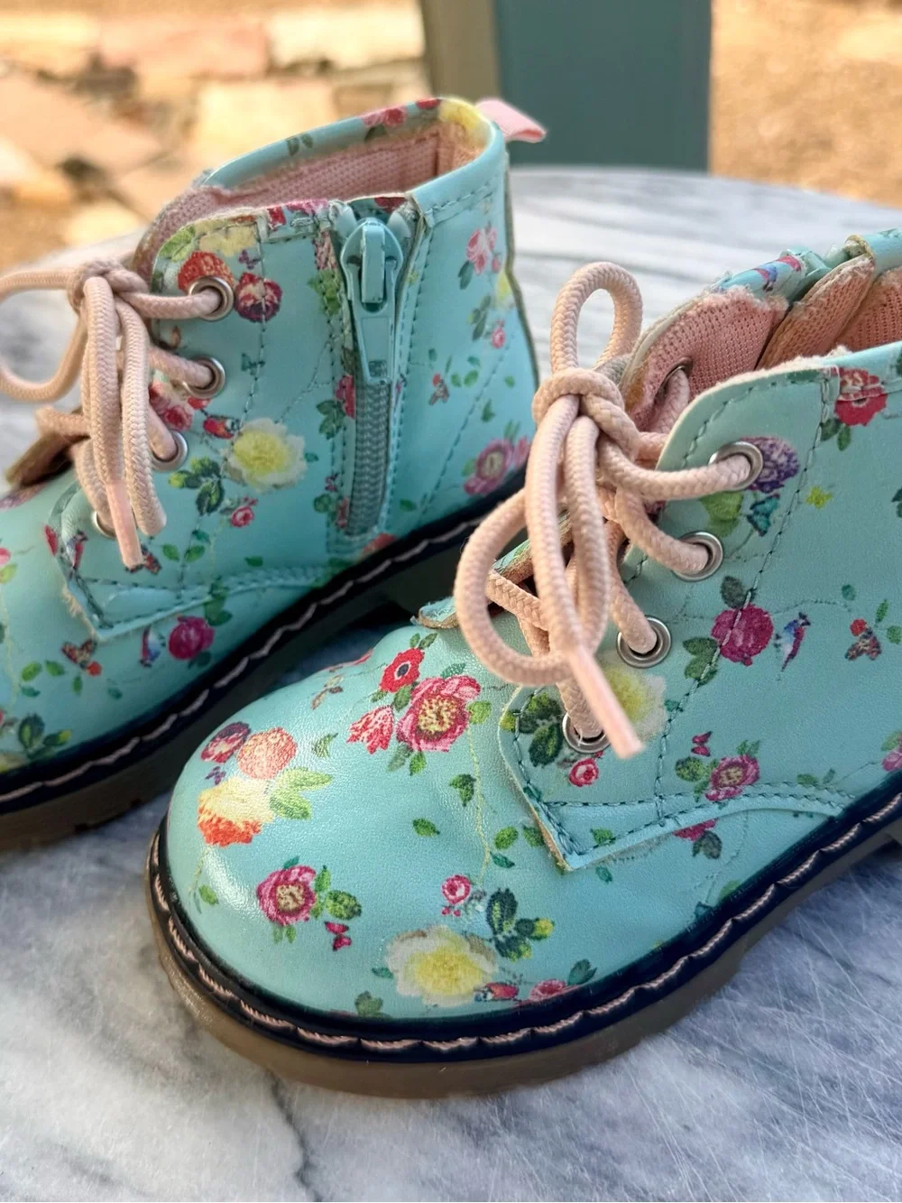 UK Brand Mint Floral Lace-Up Toddler Girls Combat Boots